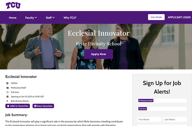 screenshot of Ecclesial Innovator job posting - available from https://jobs.tcu.edu/jobs/ecclesial-innovator-brite-divinity-school-texas-united-states